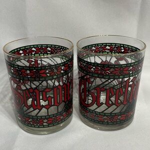 Set of 2 VINTAGE Seasons Greetings Stain Glass Inspired Drink Glasses Gold Rim